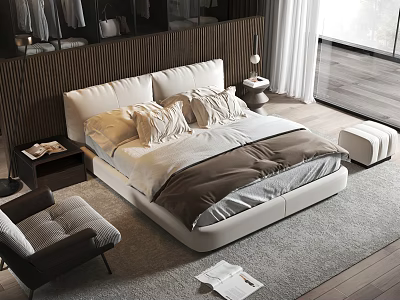 Modern Double Bed with Wooden Headboard Plush Bedding and Accent Chair in Bright Bedroom 3d model