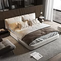 Modern Double Bed with Wooden Headboard Plush Bedding and Accent Chair in Bright Bedroom