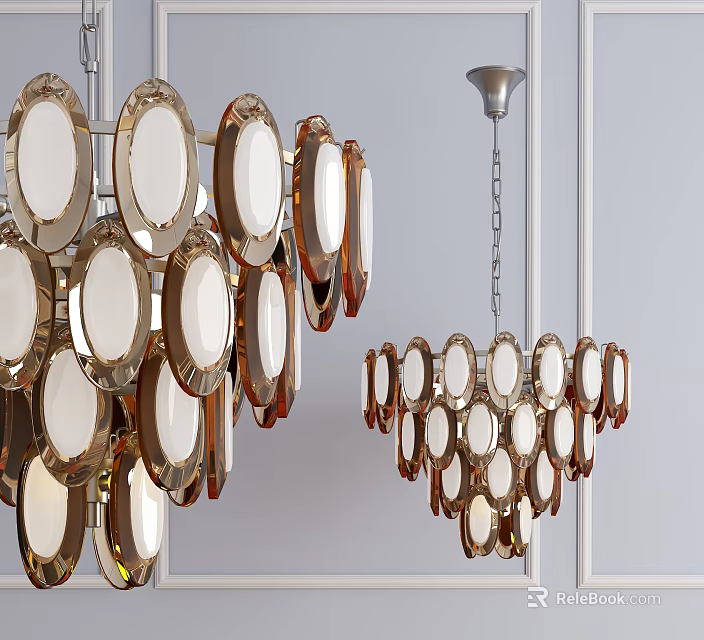 Modern Chandeliers With Oval Shaped Glass Panels And Gold Frames In Interior Space 3d model 