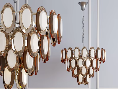 Modern Chandeliers With Oval Shaped Glass Panels And Gold Frames In Interior Space 3d model