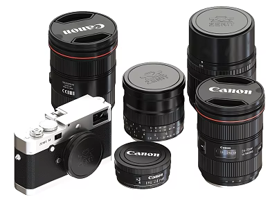 Canon Digital Camera With Multiple Lenses And Lens Caps For Photography 3d model