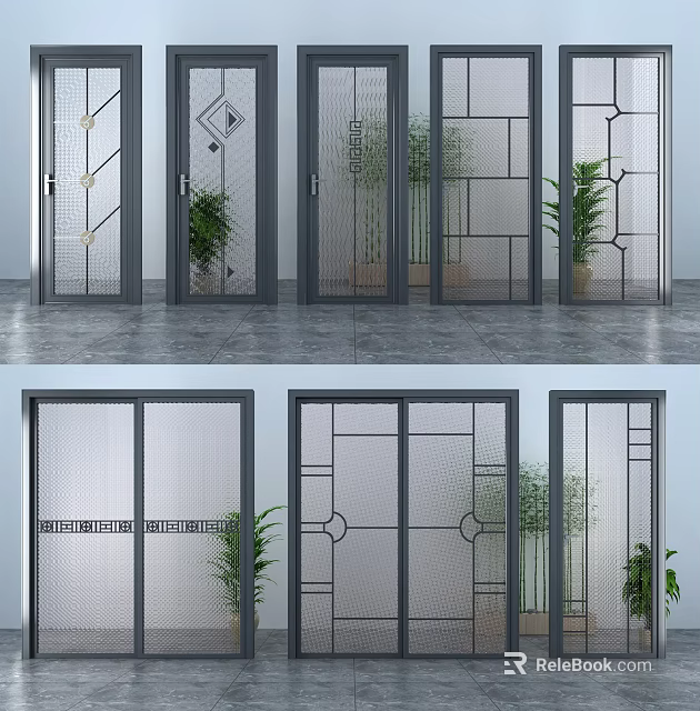 Modern Interior Glass Doors With Stylish Geometric Patterns And Decorative Plants 3d model