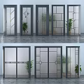 Modern Interior Glass Doors With Stylish Geometric Patterns And Decorative Plants 3d model