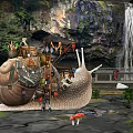 Cartoon Scene Featuring Giant Snail With House Small Snails Waterfall Bridge Green Plants And Puddles