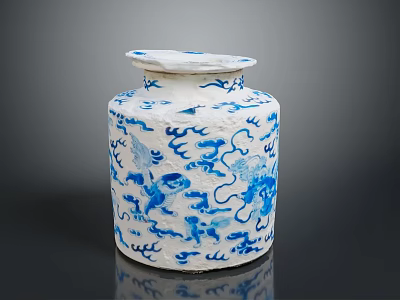 Sculpted Blue And White Ceramic Jar With Dragon And Cloud Patterns 3d model