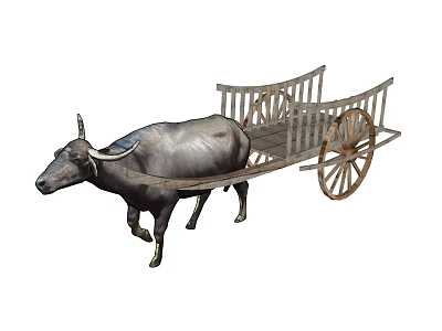 Traditional Wooden Cart Pulled By Buffalo With Classic Wheels And Simple Structure 3d model