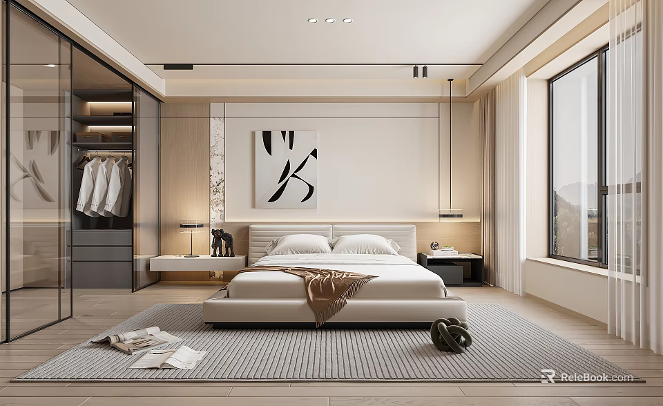 Modern Bedroom Interior With White Bed Lamps Decorative Painting Wardrobe And Large Window 3d model 