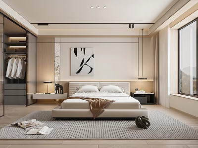 Modern Bedroom Interior With White Bed Lamps Decorative Painting Wardrobe And Large Window 3d model