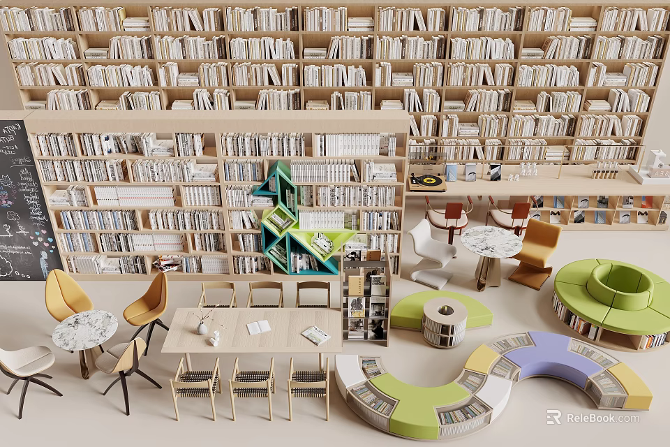 Book Art Inspired Library Interior With Spiral Bookshelves And Colorful Seating 3d model 
