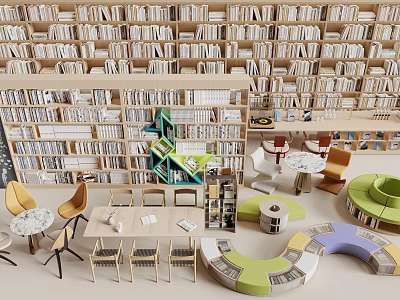 Book Art Inspired Library Interior With Spiral Bookshelves And Colorful Seating 3d model