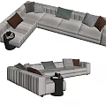 Beige Multi Person Sectional Sofa With Green Brown Checkered Cushions And Side Table