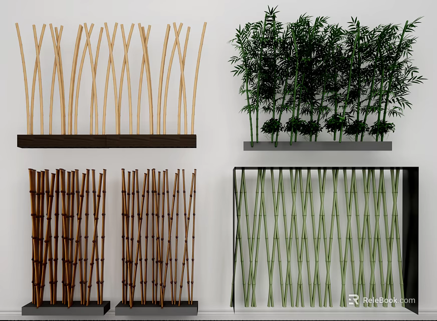 Different Types of Bamboo Products Including Strips Potted Plants And Decorative Screens 3d model 
