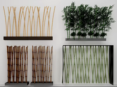 Different Types of Bamboo Products Including Strips Potted Plants And Decorative Screens 3d model