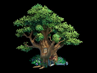 Enchanting Giant Tree With Trunk Window Small House And Lush Green Foliage 3d model