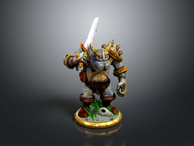 Detailed 3D Warrior Model Holding Sword With Armor Green Grass Base And Golden Edges 3d model