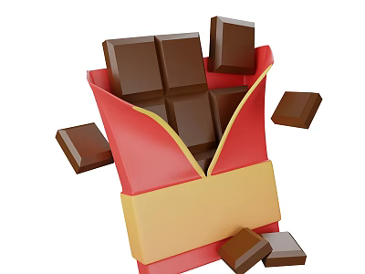 Delicious Square Chocolate Pieces in Red Open Package with Some Falling Out 3d model