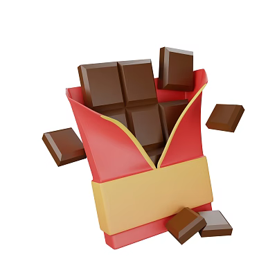 Delicious Square Chocolate Pieces in Red Open Package with Some Falling Out 3d model