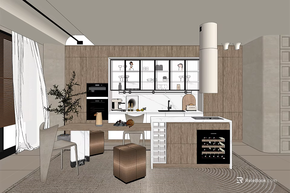 Modern Kitchen Interior With Wooden Cabinets Marble Island Wine Cooler Oven And Plant 3d model 
