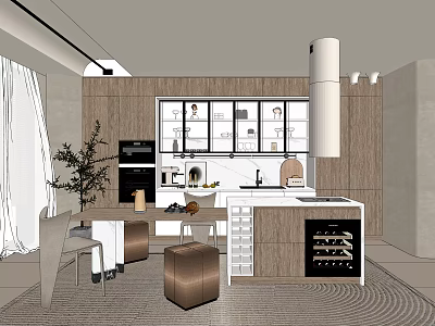 Modern Kitchen Interior With Wooden Cabinets Marble Island Wine Cooler Oven And Plant 3d model