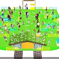 Bird's Eye View of Pet Paradise with Dogs People Playground Huts and Green Lawn