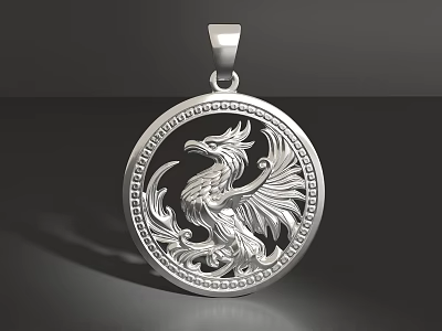 Intricate Silver Phoenix Pendant with Circular Carved Design and Ornate Border 3d model