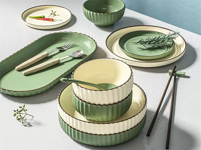 Green and Cream Ceramic Dinnerware Set with Bowls Plates Utensils and Rosemary Decor 3d model