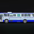 Classic Blue And White Striped Bus Exterior With Windows And Doors