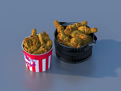 Crispy Golden Fried Chicken in Red White Striped Bucket and Black Pail Container 3d model