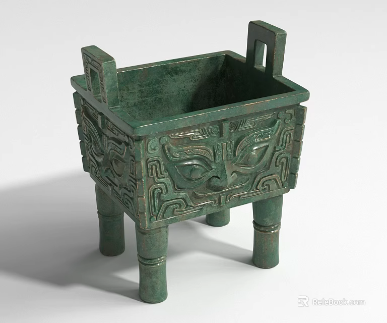 Green Bronze Landscape Sculpture with Square Intricate Patterns And Mythical Beast Face on Columnar Legs 3d model 