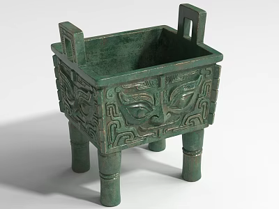 Green Bronze Landscape Sculpture with Square Intricate Patterns And Mythical Beast Face on Columnar Legs 3d model