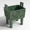 Green Bronze Landscape Sculpture with Square Intricate Patterns And Mythical Beast Face on Columnar Legs