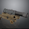 Vintage Metal Cannon with Wooden Carriage and Iron Wheels as Historical Weapon Piece
