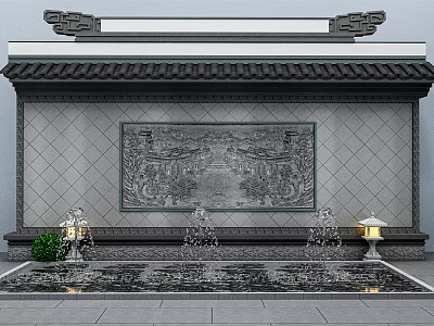 Traditional Chinese Feature Wall With Carved Relief Panel Fountains Lantern Lights And Reflecting Pool 3d model