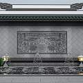 Traditional Chinese Feature Wall With Carved Relief Panel Fountains Lantern Lights And Reflecting Pool