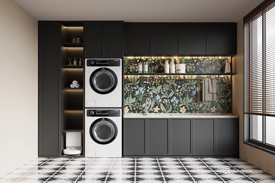 White Stacked Washing Machines With Black Cabinets Floral Wall And Black White Tiled Floor 3d model 
