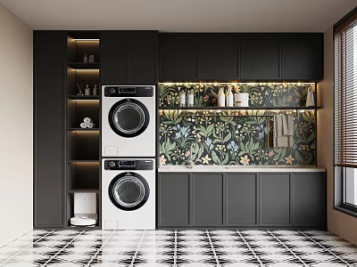 White Stacked Washing Machines With Black Cabinets Floral Wall And Black White Tiled Floor 3d model