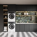 White Stacked Washing Machines With Black Cabinets Floral Wall And Black White Tiled Floor