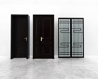 Black Hinged Doors With Golden Handles On Display With Lattice Door In Modern Style 3d model