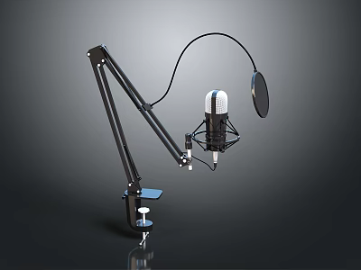 Professional Headphone Speaker With White Microphone Black Boom Arm And Pop Filter 3d model