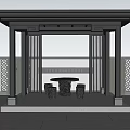 Traditional Garden Pavilion With Black Pillars Flat Roof Decorative Walls And Stone Table Stools