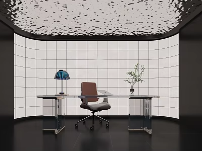 Modern Office Interior With Glass Desk Brown Chair Textured Ceiling And White Tile Wall 3d model