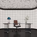Modern Office Interior With Glass Desk Brown Chair Textured Ceiling And White Tile Wall
