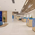 Modern Hotel Lobby With Large Blue Digital Screen Blue Sofas Wooden Decor And Green Plants