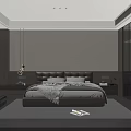 Modern Bedroom Interior With Large Bed Dark Headboard Light Walls And Gray Rug