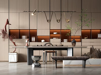 Modern Tea Table and Chairs in Interior with Wooden Walls Pendant Lights and Green Plants 3d model