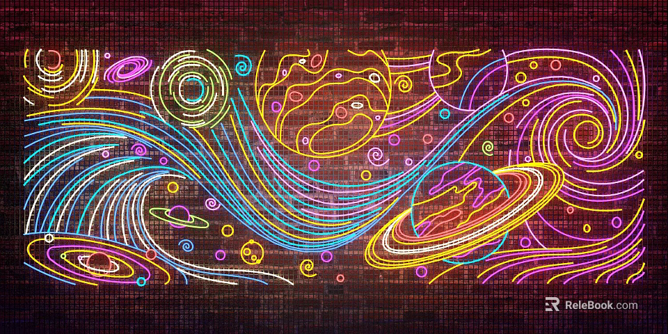 Decorative Neon Lights with Colorful Space Themed Planets Swirly Lines on Dark Brick Wall 3d model 