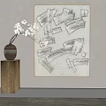 Abstract Painting with Expressive Lines and Textured Strokes Beside Wooden Pedestal White Flower Vase