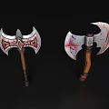 Decorative Battle Axes With Wooden Handles And Red Patterned Heads On Black Background