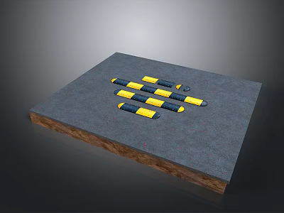 Neatly Arranged Yellow And Blue Striped Objects On Gray Platform Surface 3d model