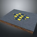 Neatly Arranged Yellow And Blue Striped Objects On Gray Platform Surface